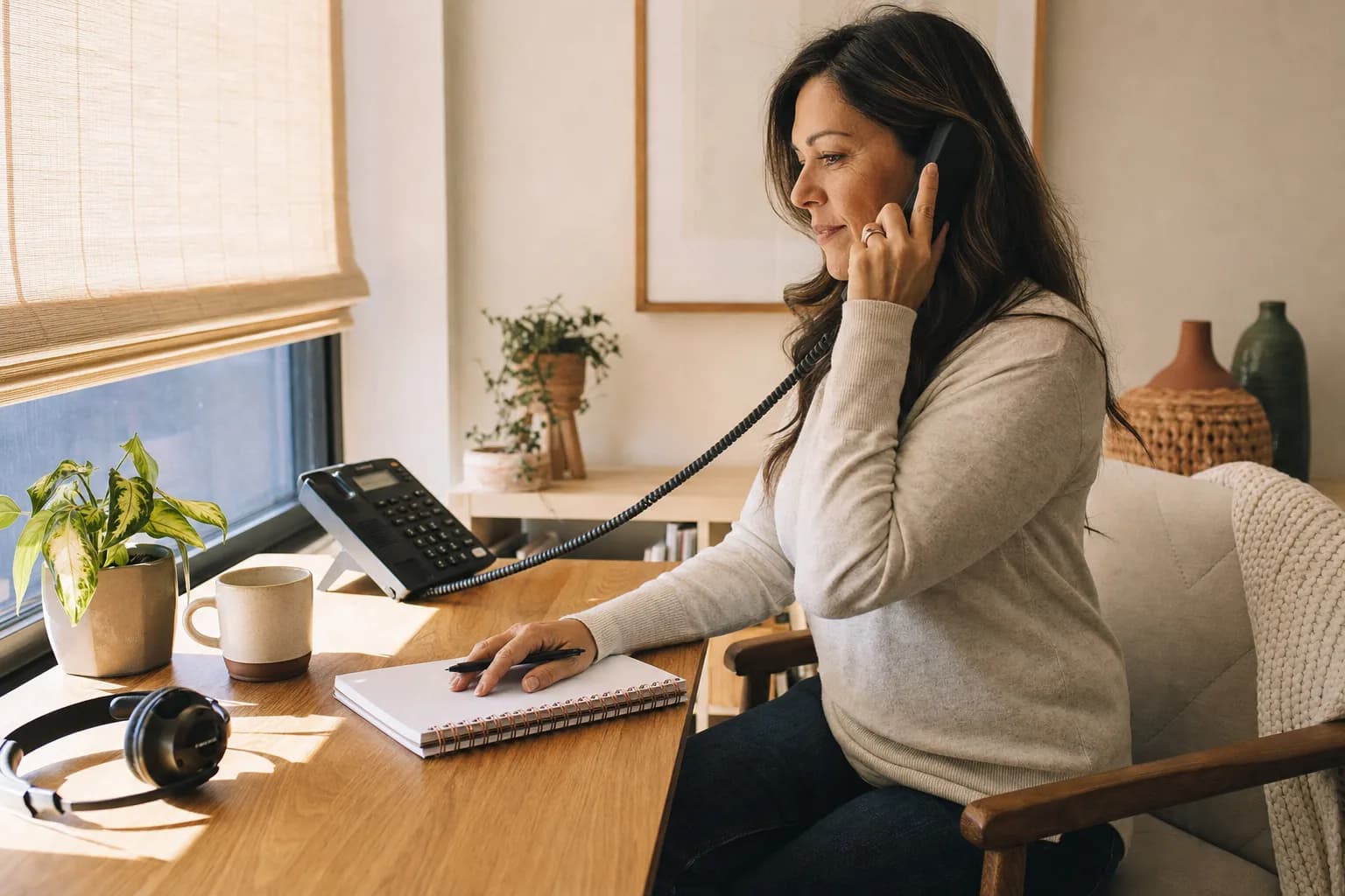 A person listening on a phone at a desk, with a notepad and a mug in front of them