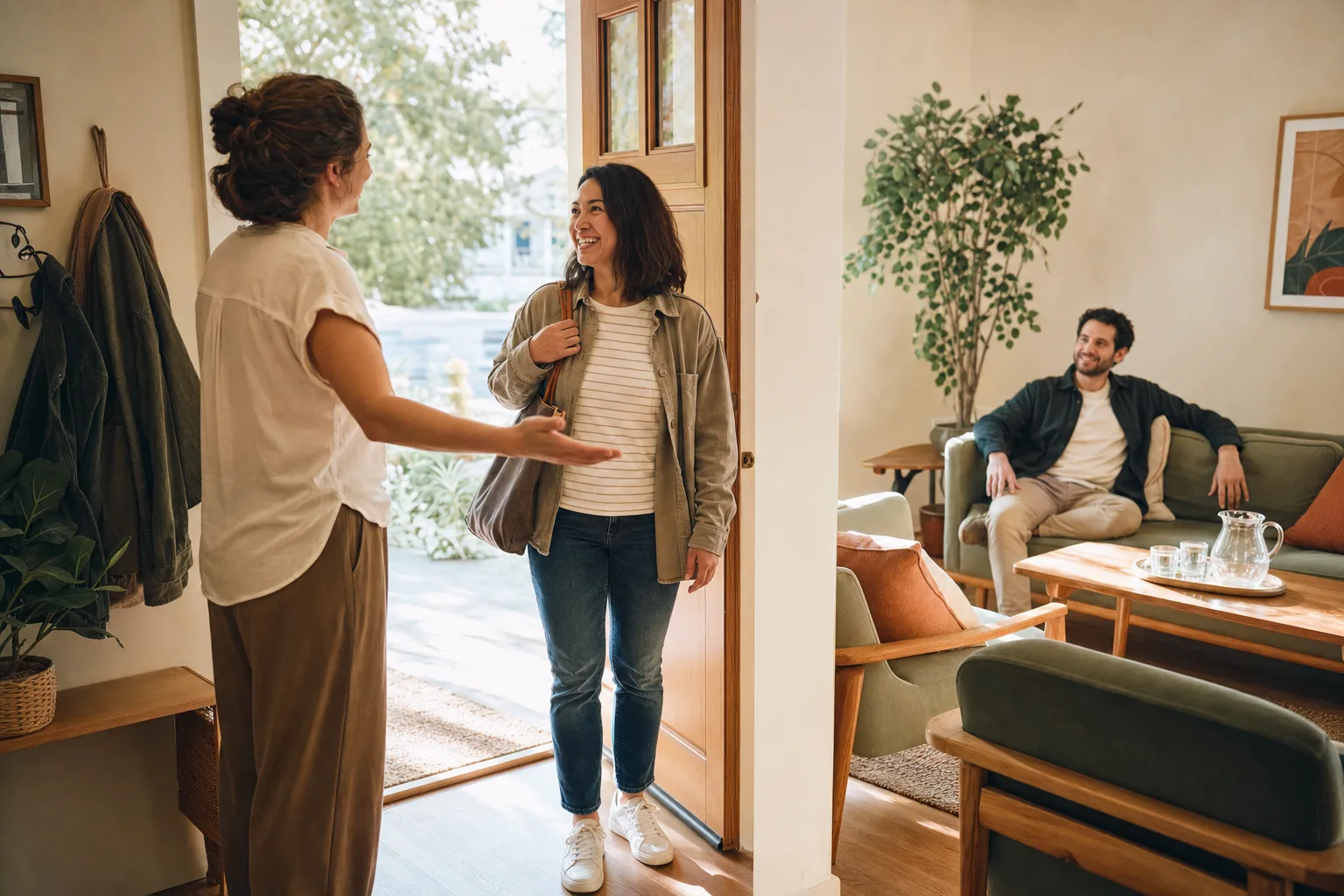 Two people greeting each other just inside a sunlit front door, with seating behind them