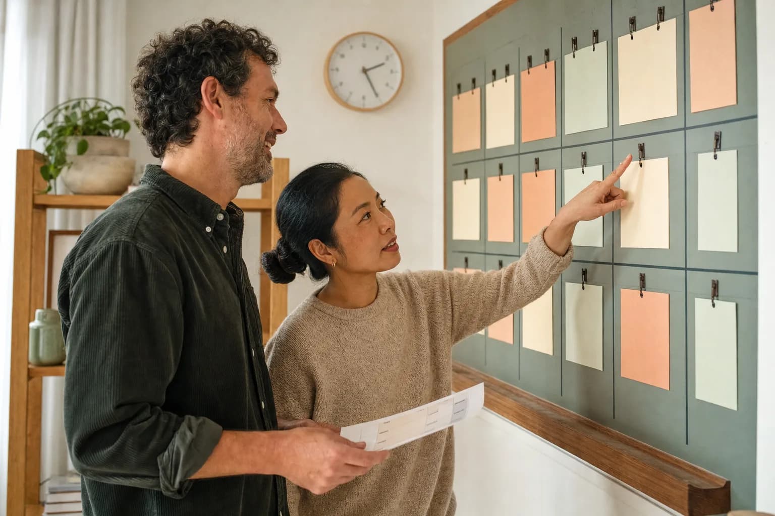 Two people at a wall planner board, one pointing at a slot while the other holds a printed sheet