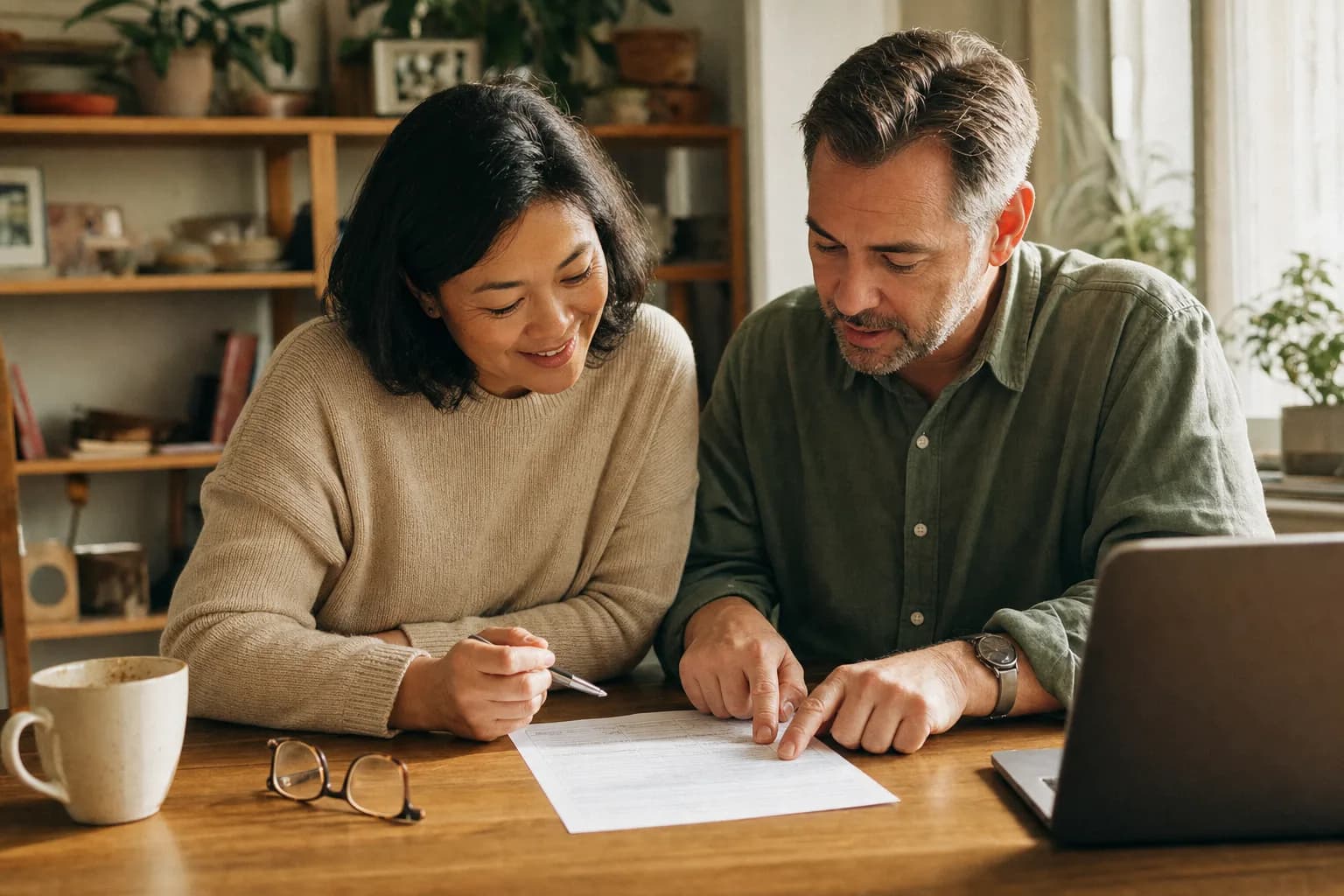 Two adults at a desk going through a paper form together, one pointing at a line on the page