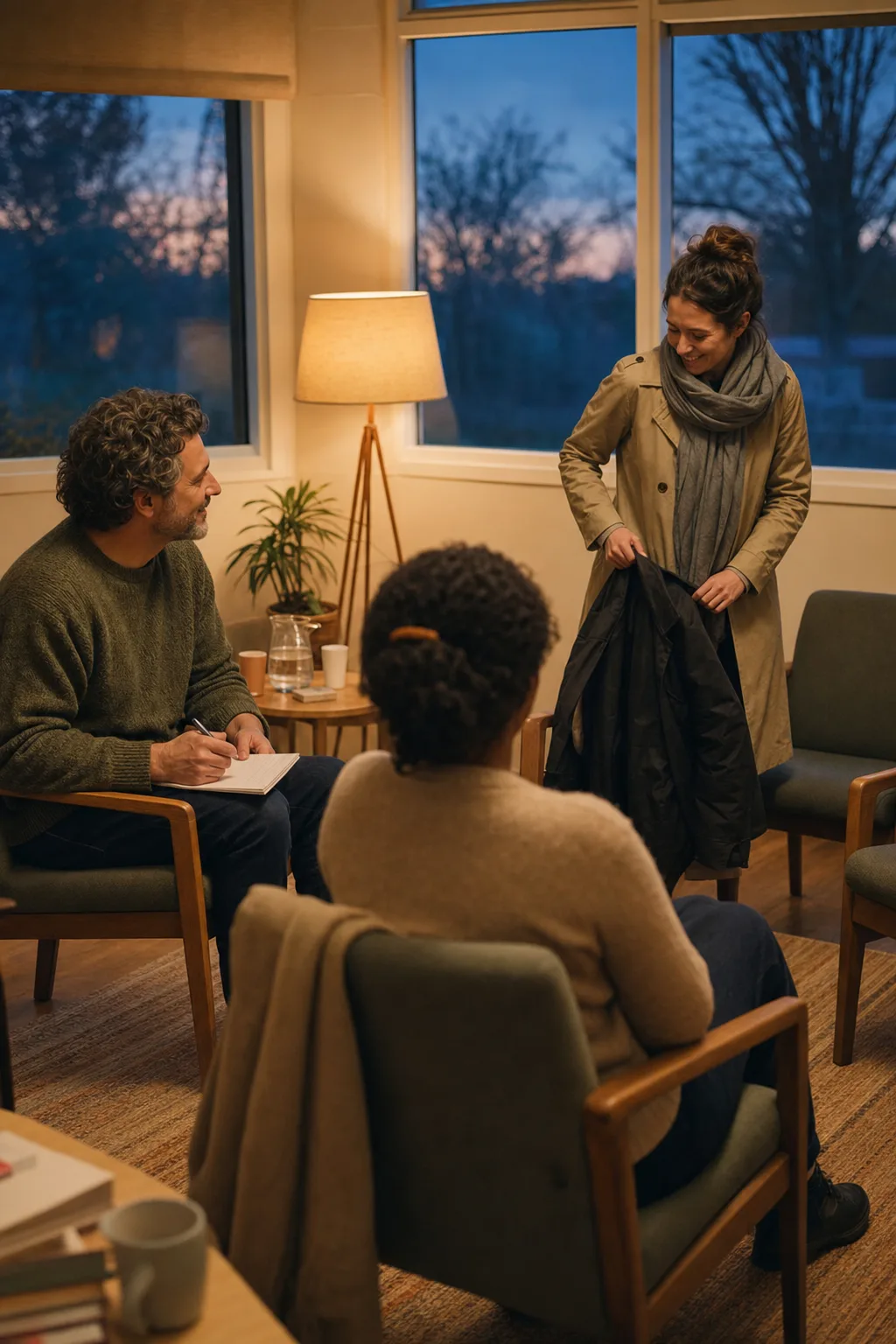 Three adults in coats settling into a circle of chairs in a warmly lit room as dusk falls outside the windows