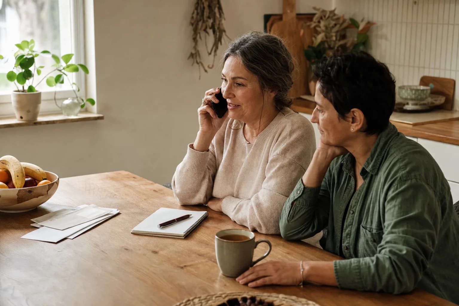 A woman at a kitchen table making a phone call while another adult sits beside her listening