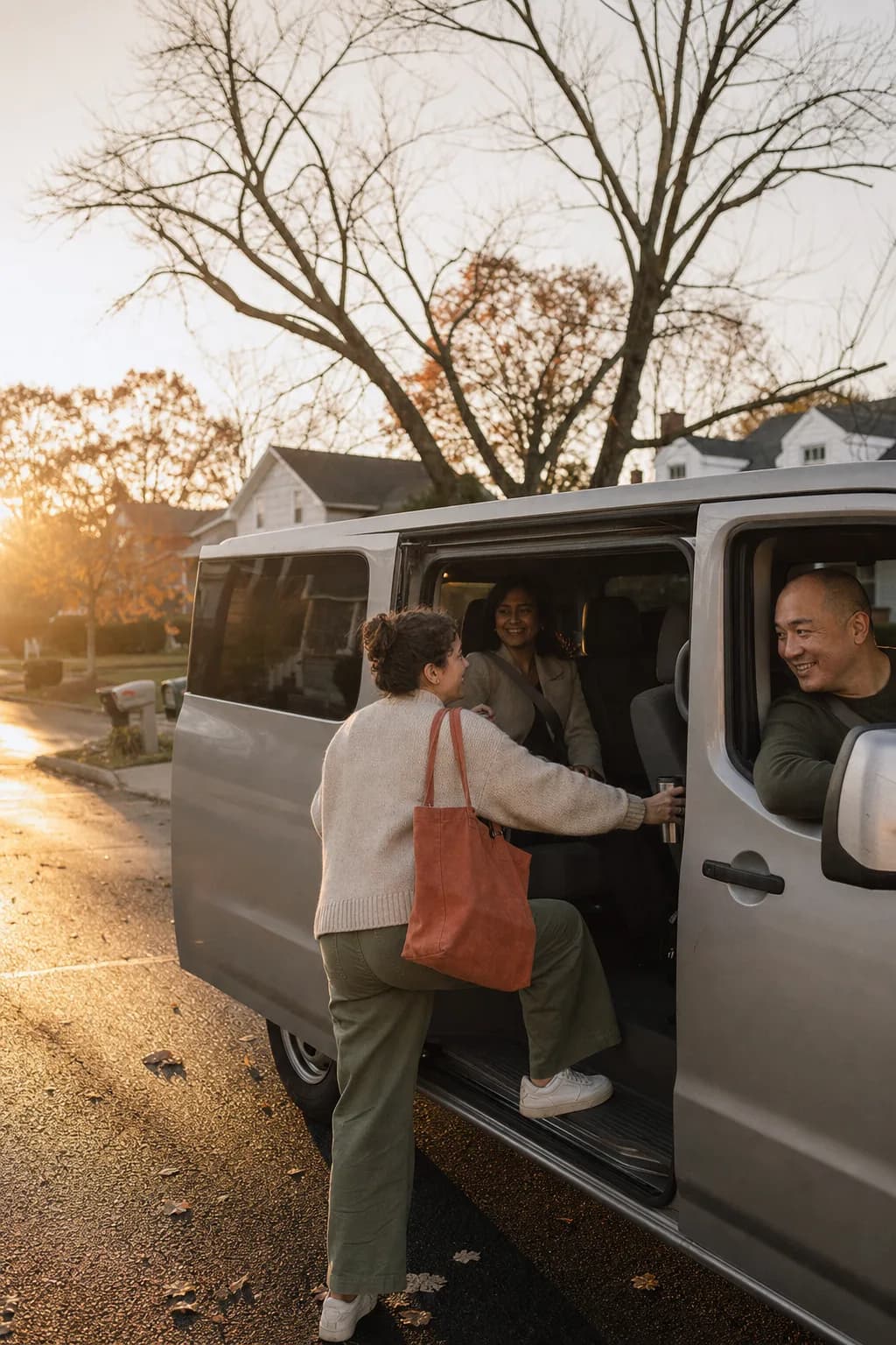 An adult stepping into the open side door of a plain passenger van on a suburban street in early morning light