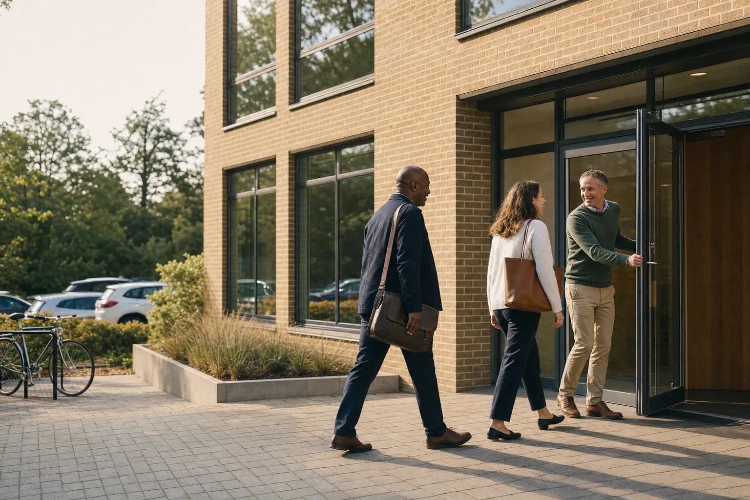 Three adults walking towards the glazed entrance of a plain brick office building