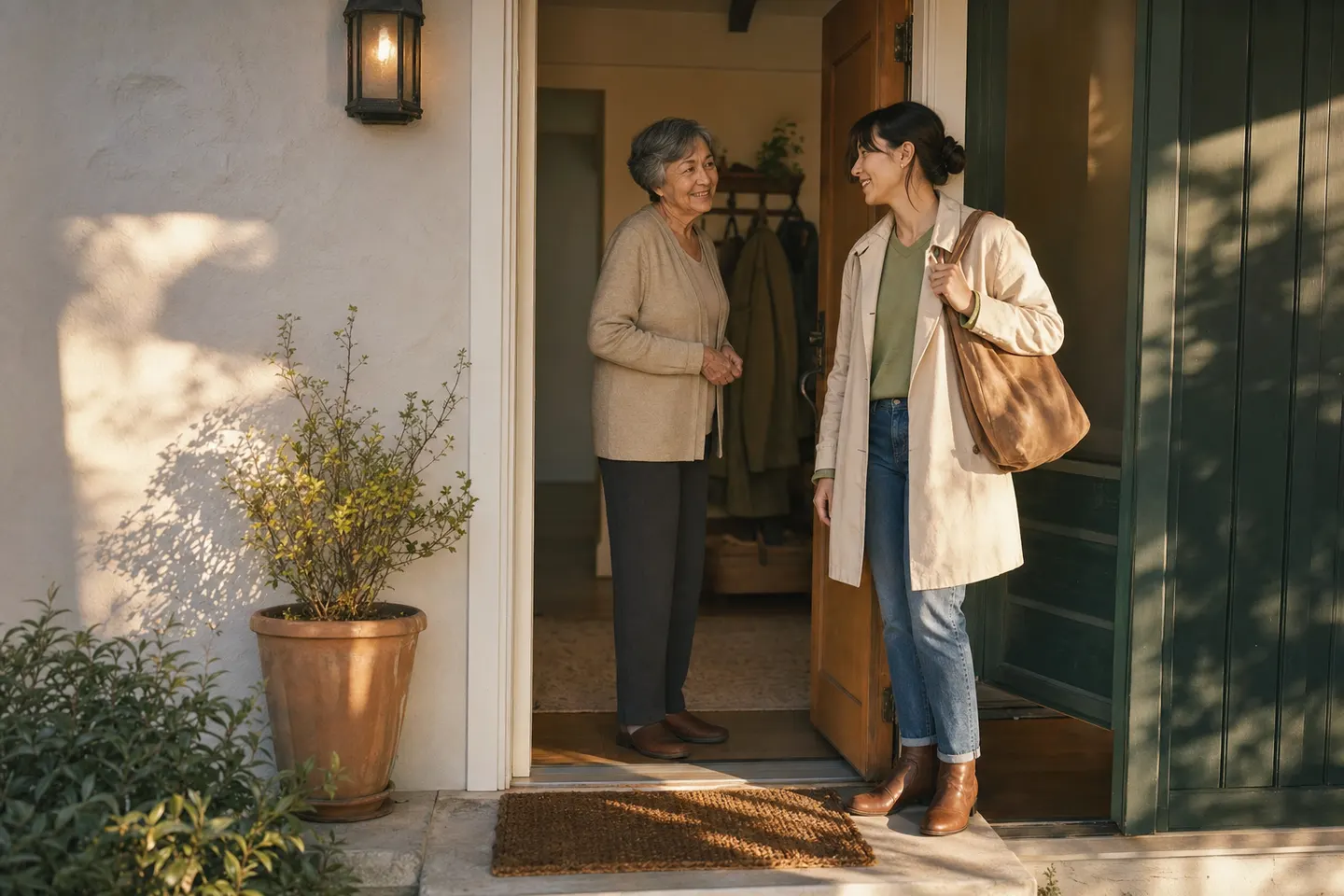 An adult leaving through their own front door early in the morning with a small bag