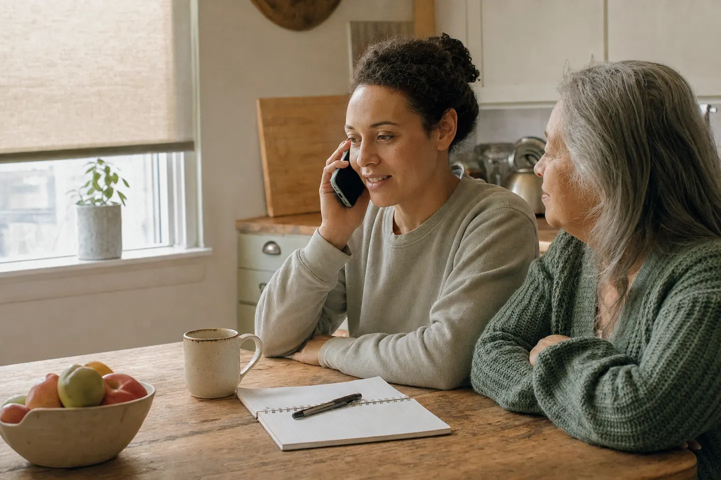 An adult on a phone call at a kitchen table with an older relative listening beside them