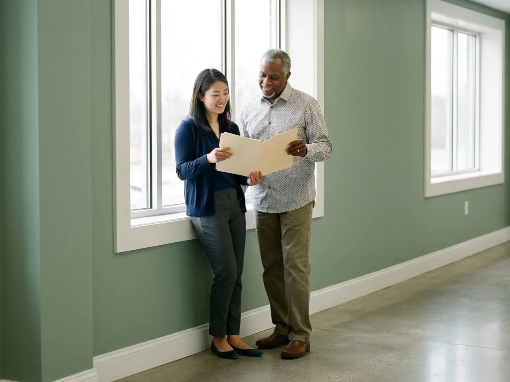 Two colleagues reading through a folder together in a clinic corridor