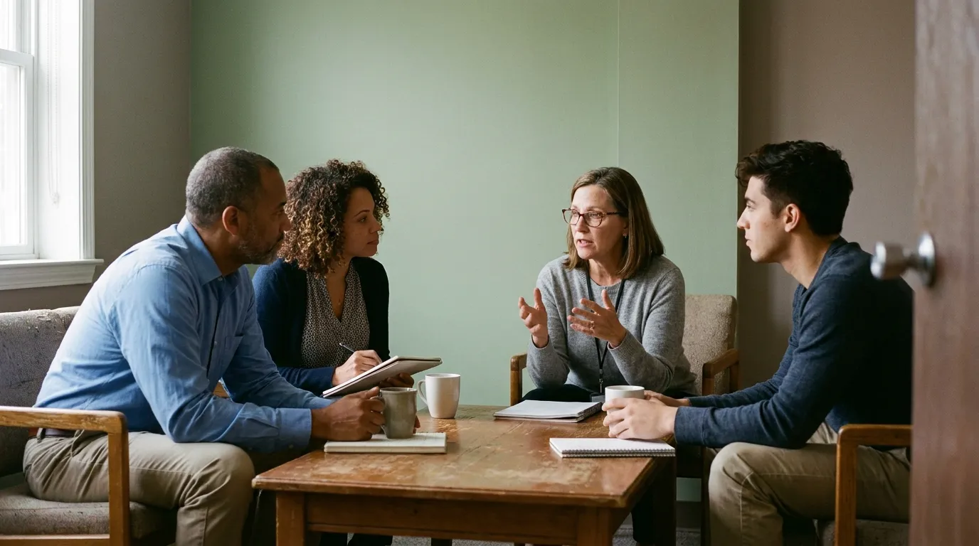 Colleagues in a case-review conversation at an outpatient behavioral health clinic