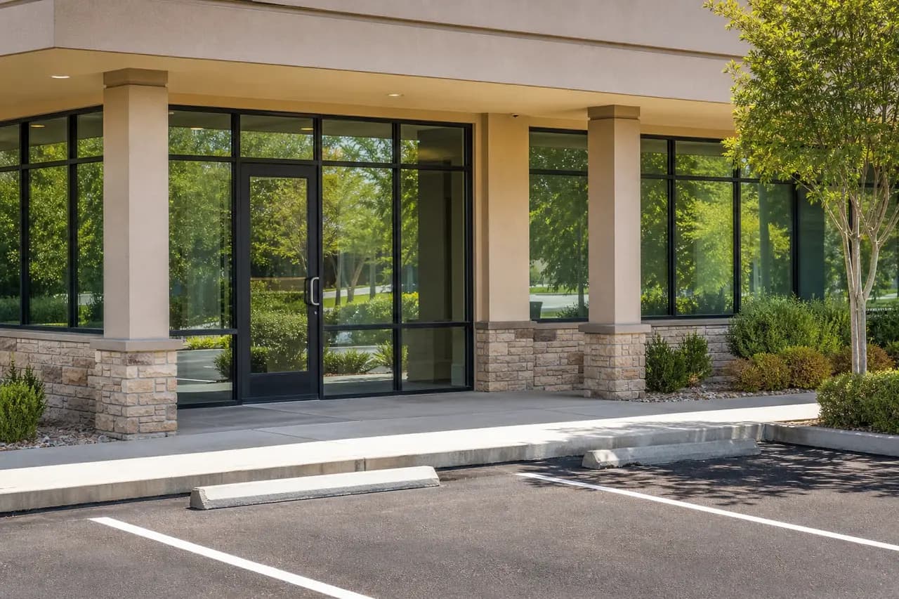 The ground-floor glass entrance of a small professional office building with parking directly in front