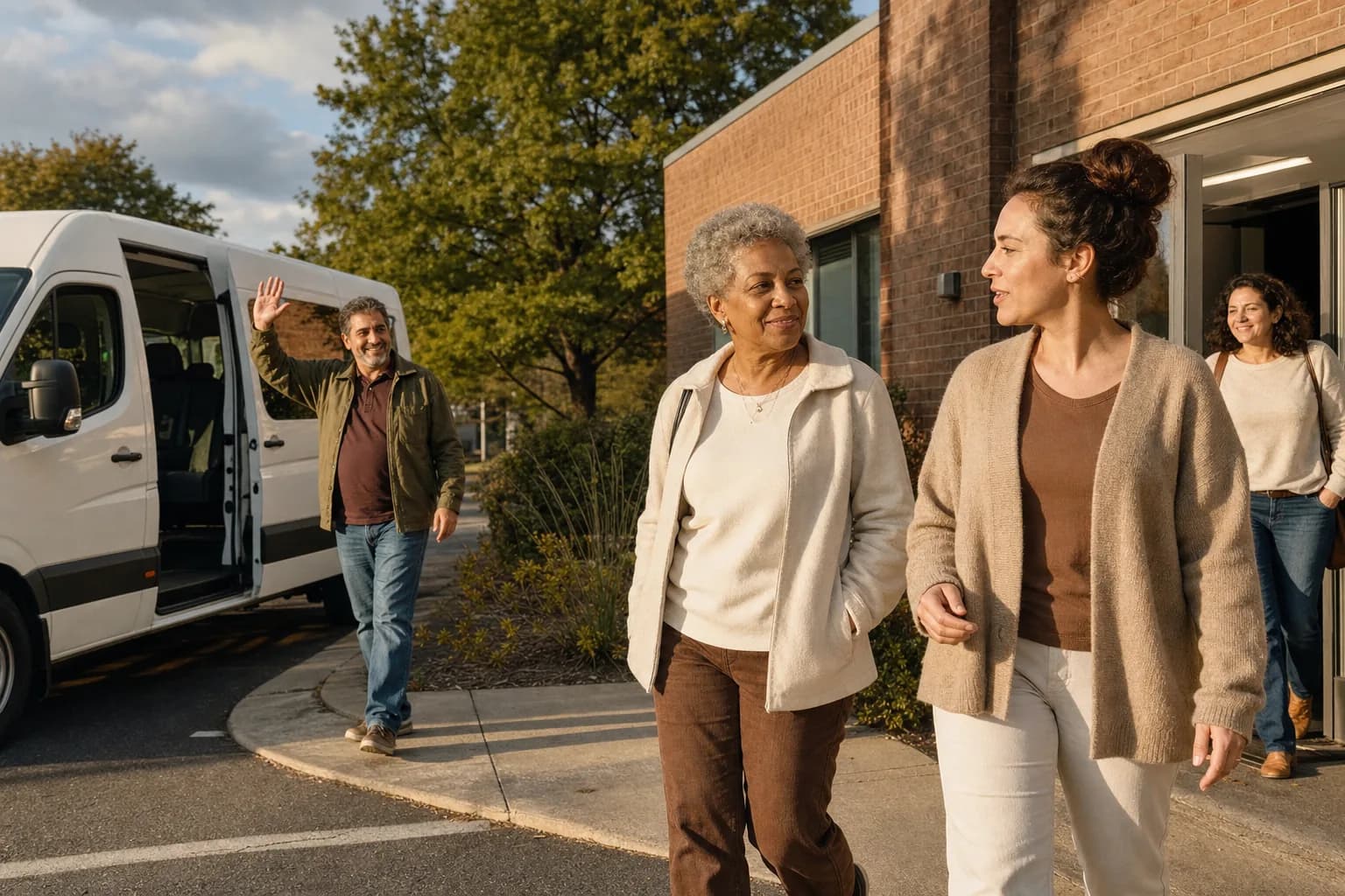 Three adults walking out of a low brick clinic building in late afternoon sun, a passenger van waiting at the kerb
