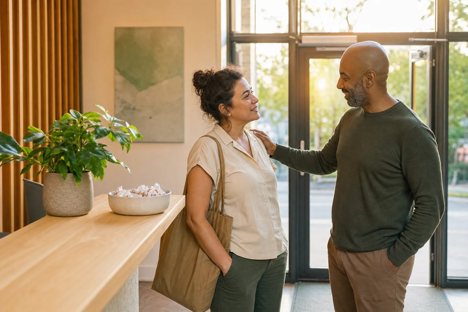 Two adults saying goodbye near the glass door of a warm reception area at the end of the day