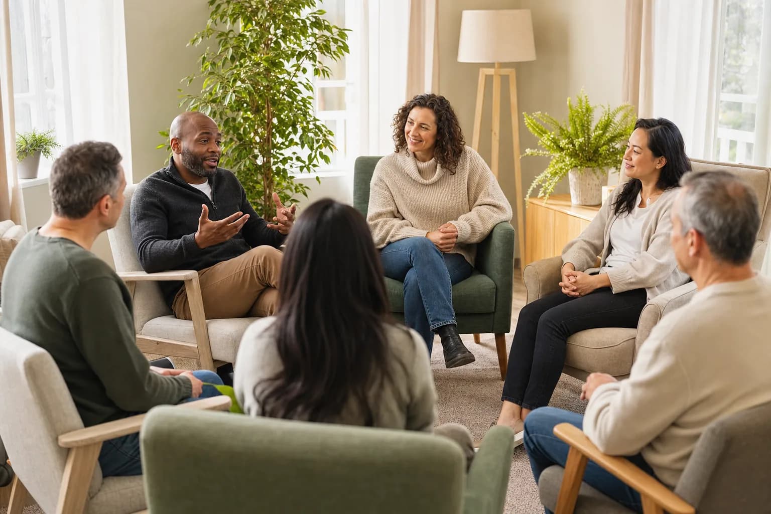 A group session in a bright room, six adults in a circle of armchairs, one speaking and the others listening