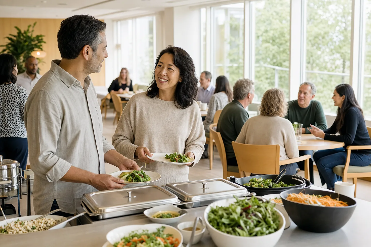 A catered lunch counter with fresh salad bowls, two adults collecting plates and talking