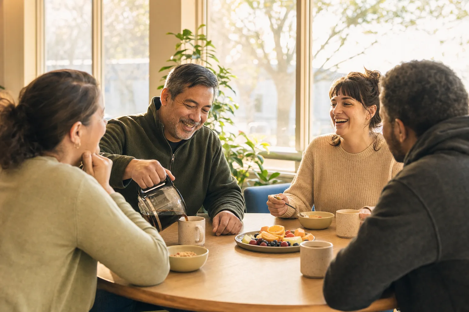 Four adults sharing breakfast at a round table in bright morning light, talking and pouring coffee