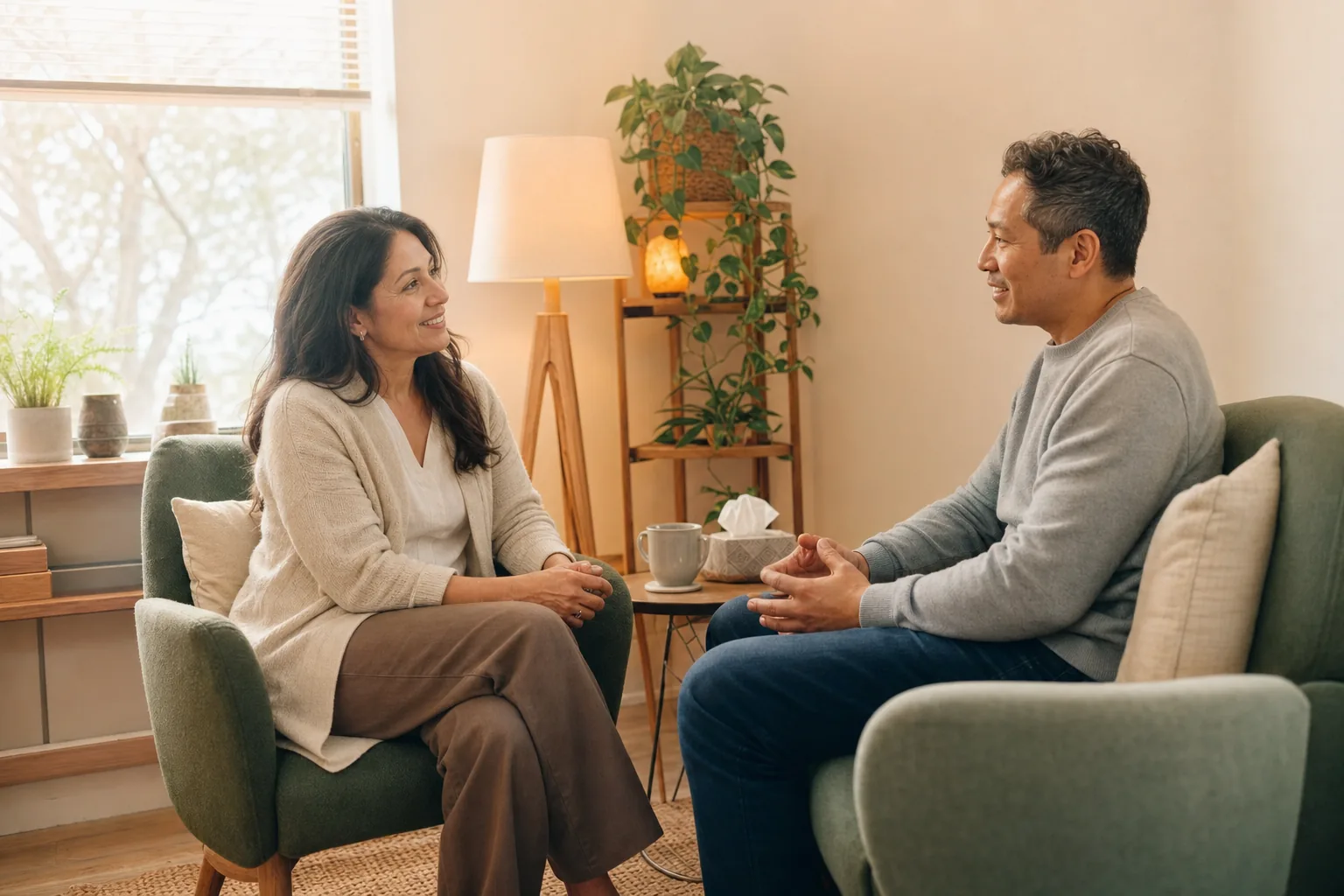 Two adults in armchairs in a small consultation room, mid conversation in warm daylight