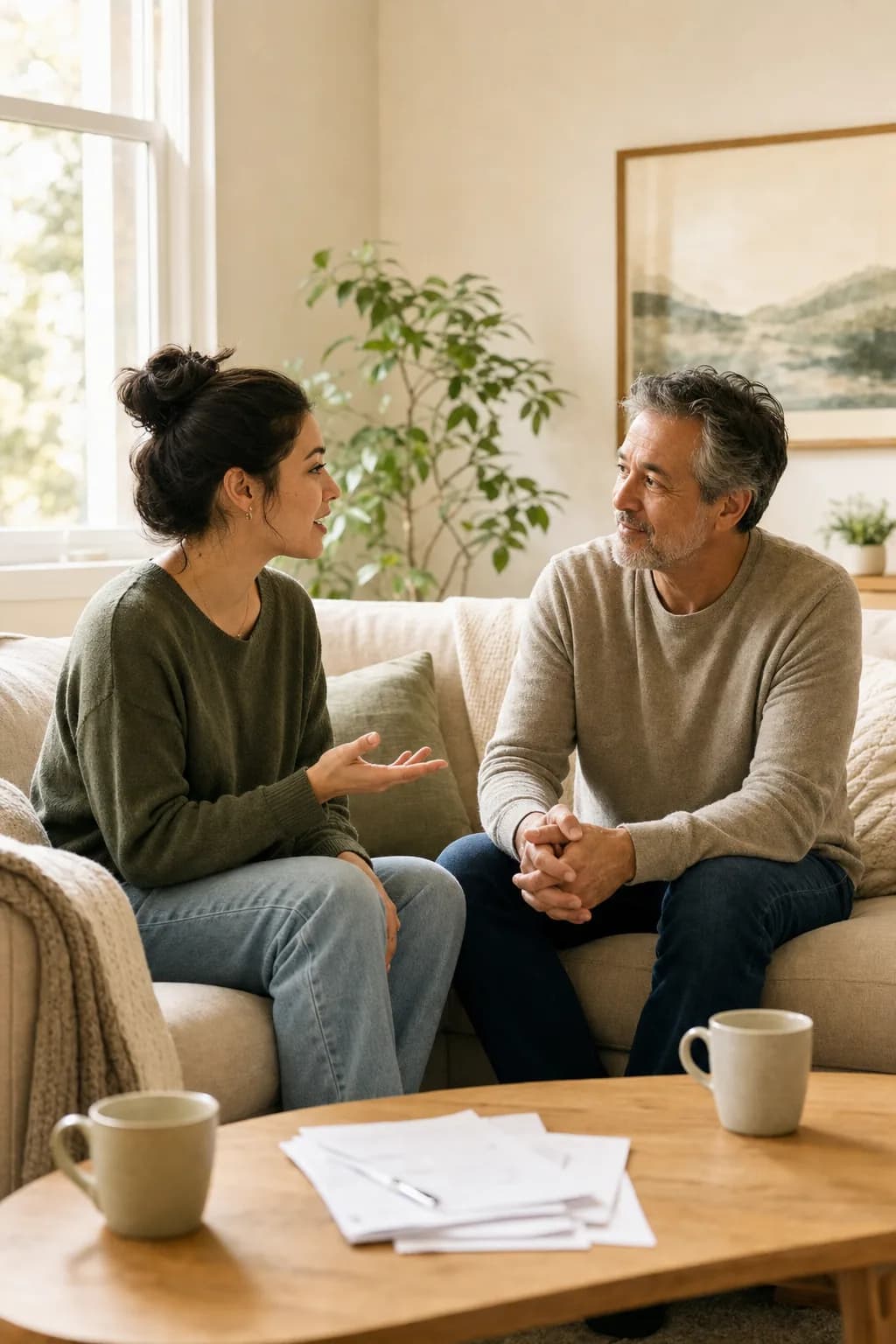 Two adults sitting together on a sofa in a bright room, one talking and the other listening