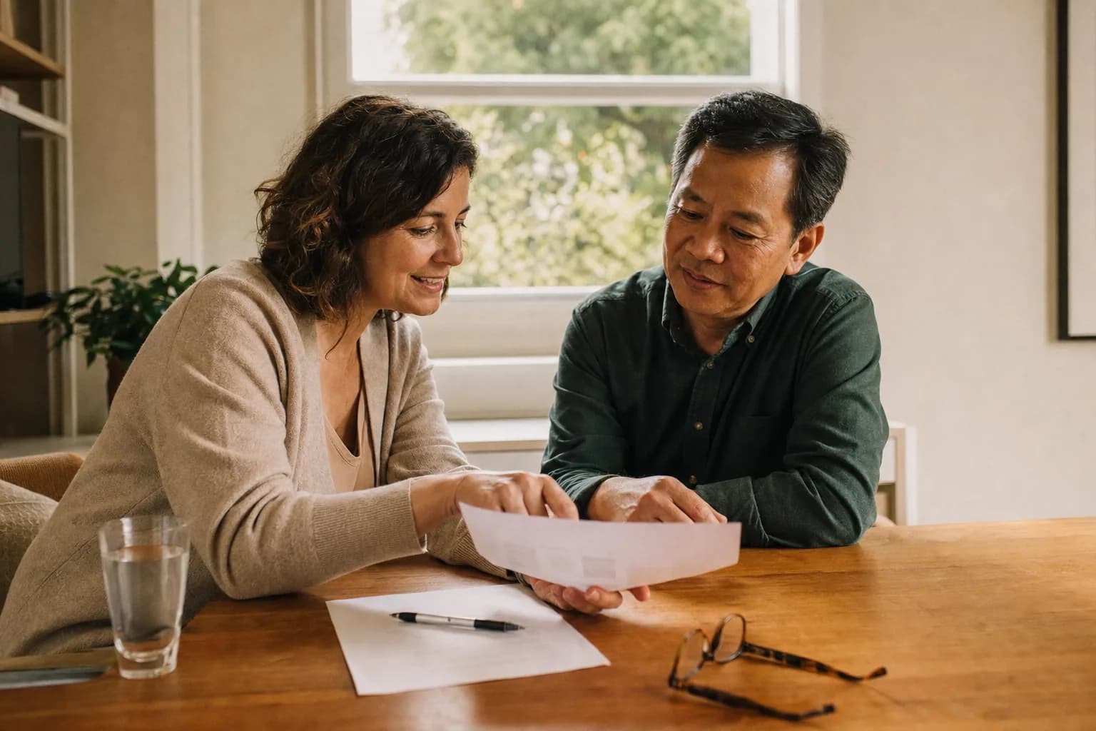 Two people talking through a question at a table in a bright office