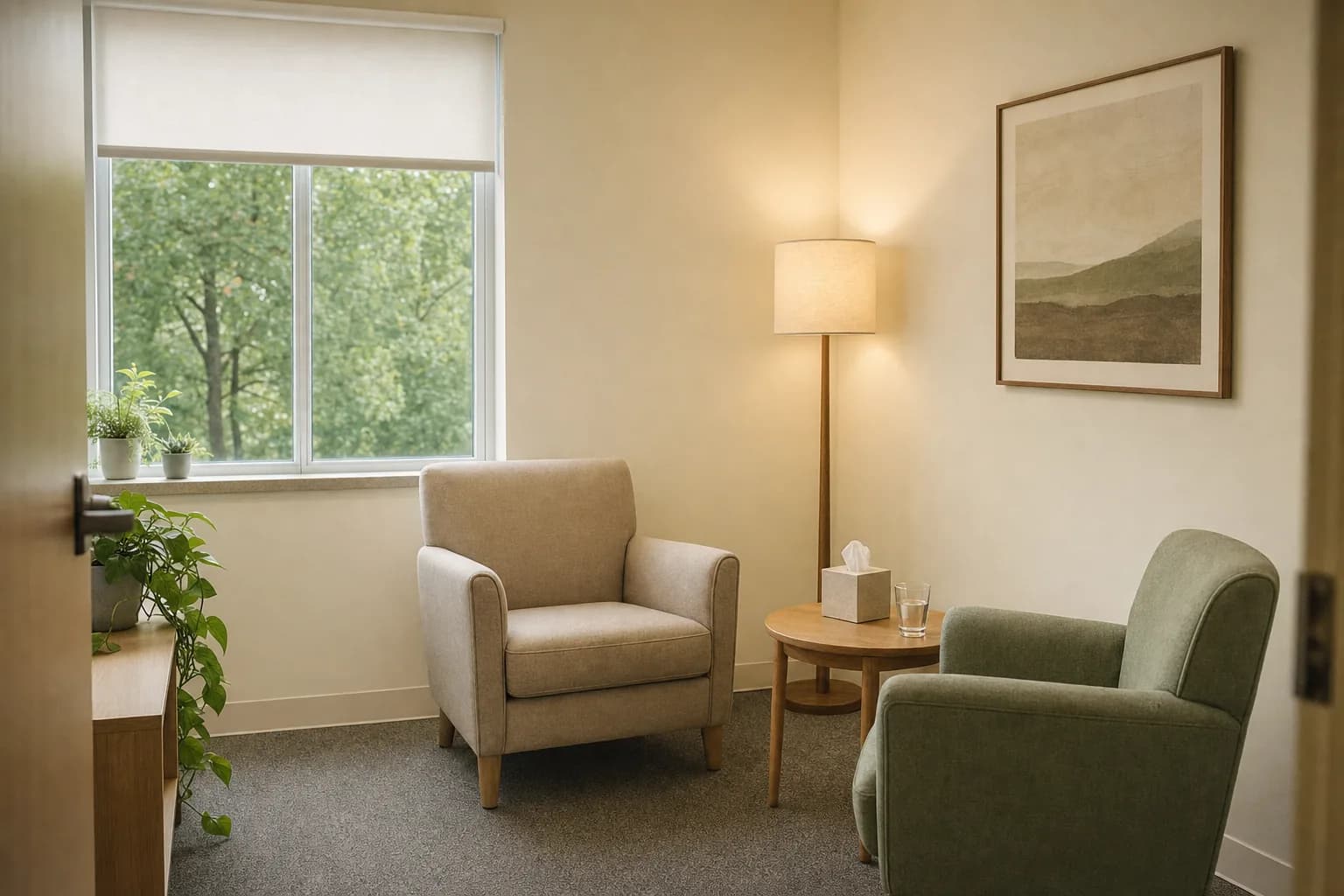 A small counseling room with two armchairs facing each other beside a window