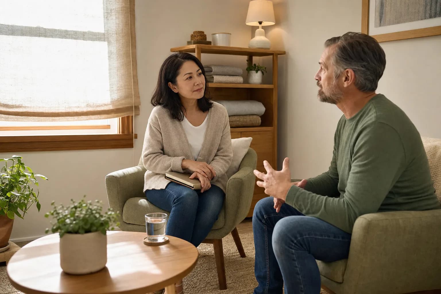 Two adults sitting in armchairs in a small warm consultation room, mid conversation
