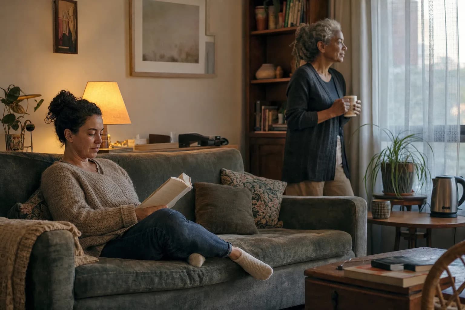 Two adults at ease in the shared living room of a house, one reading, one standing by the window
