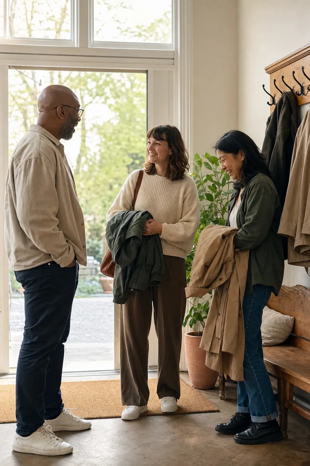 Three people standing and talking in a bright entrance hall