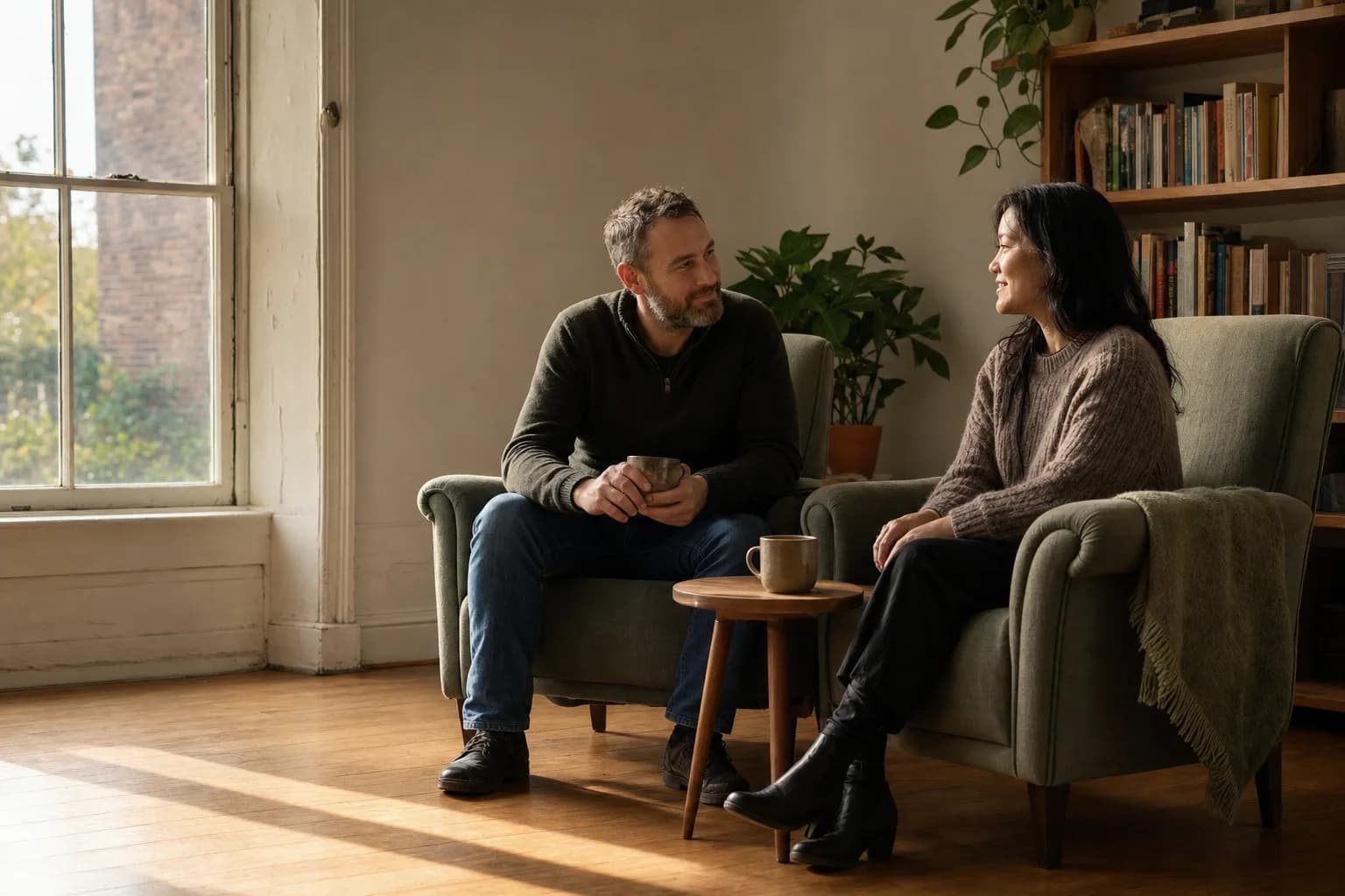 Two people talking in armchairs by a window in a quiet corner of a bright room