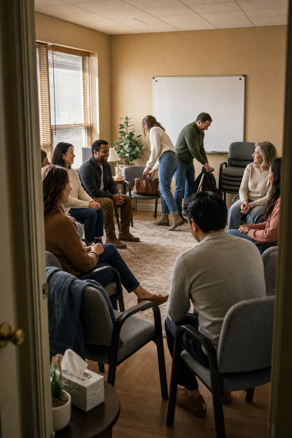 Chairs arranged in a circle in a small group room, with a wiped whiteboard and daylight through half-open blinds